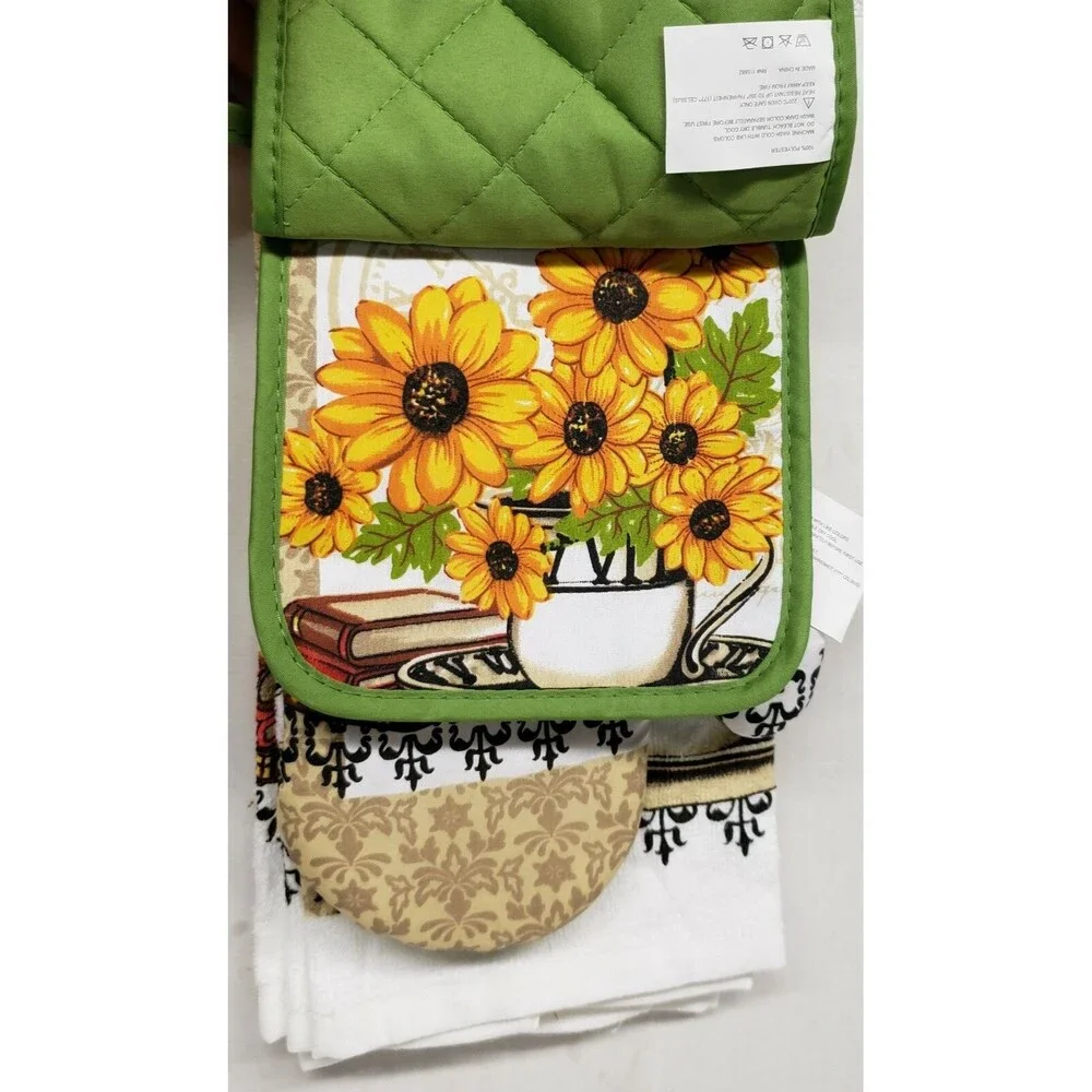 5pc Set: 2 Pot Holders, 1 Oven Mitt & 2 Same Towels, SUNFLOWERS & BOOKS,green,KC